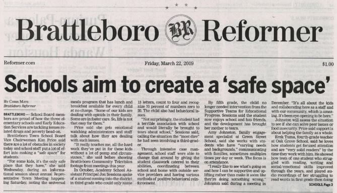 A screenshot of the safe space article in the Brattleboro Reformer