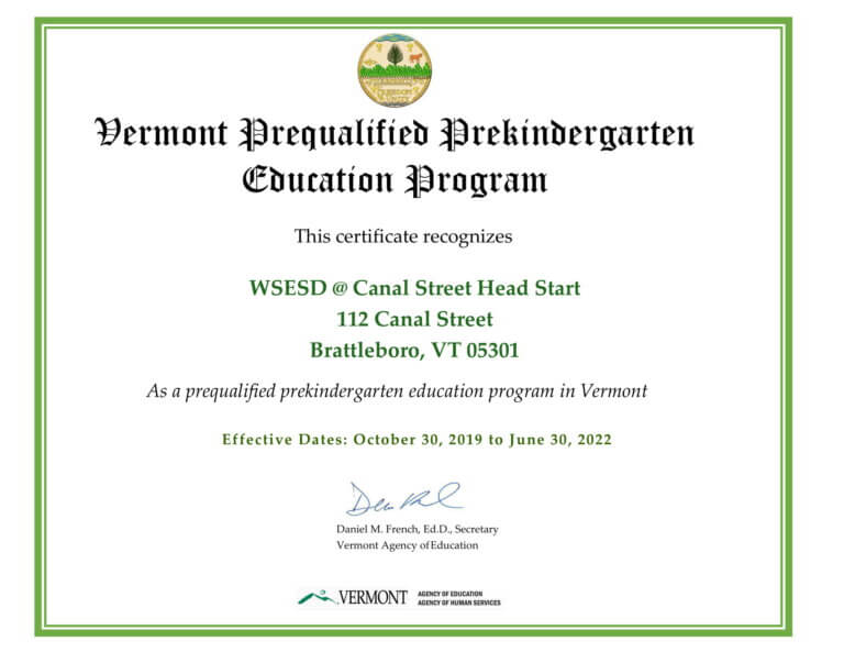A certificate recognizing Canal Street Head Start as a prequalified prekindergarten education program in Vermont.