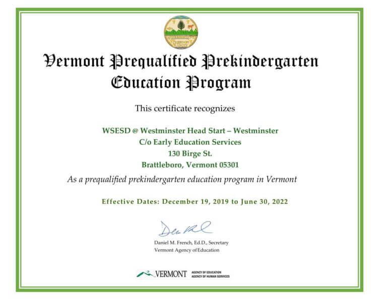 A certificate recognizing Westminster Head Start as a prequalified prekindergarten education program in Vermont.
