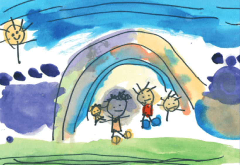 A child's watercolor painting of children under a rainbow