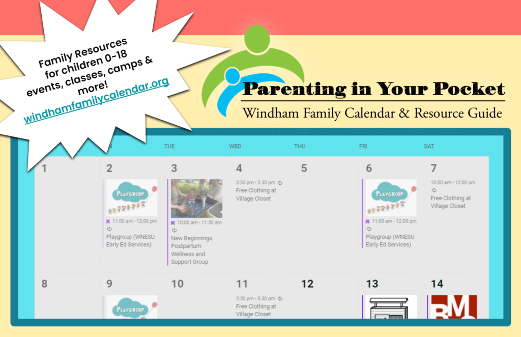 A flyer that reads: Family Resources for children 0-18. Events, classes, camps and more!